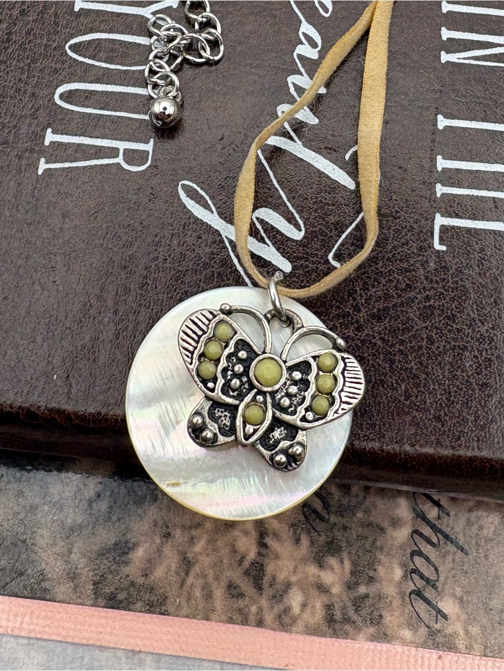 Vintage Y2K Butterfly Pendant Necklace Faux Suede Cord Boho Fairycore